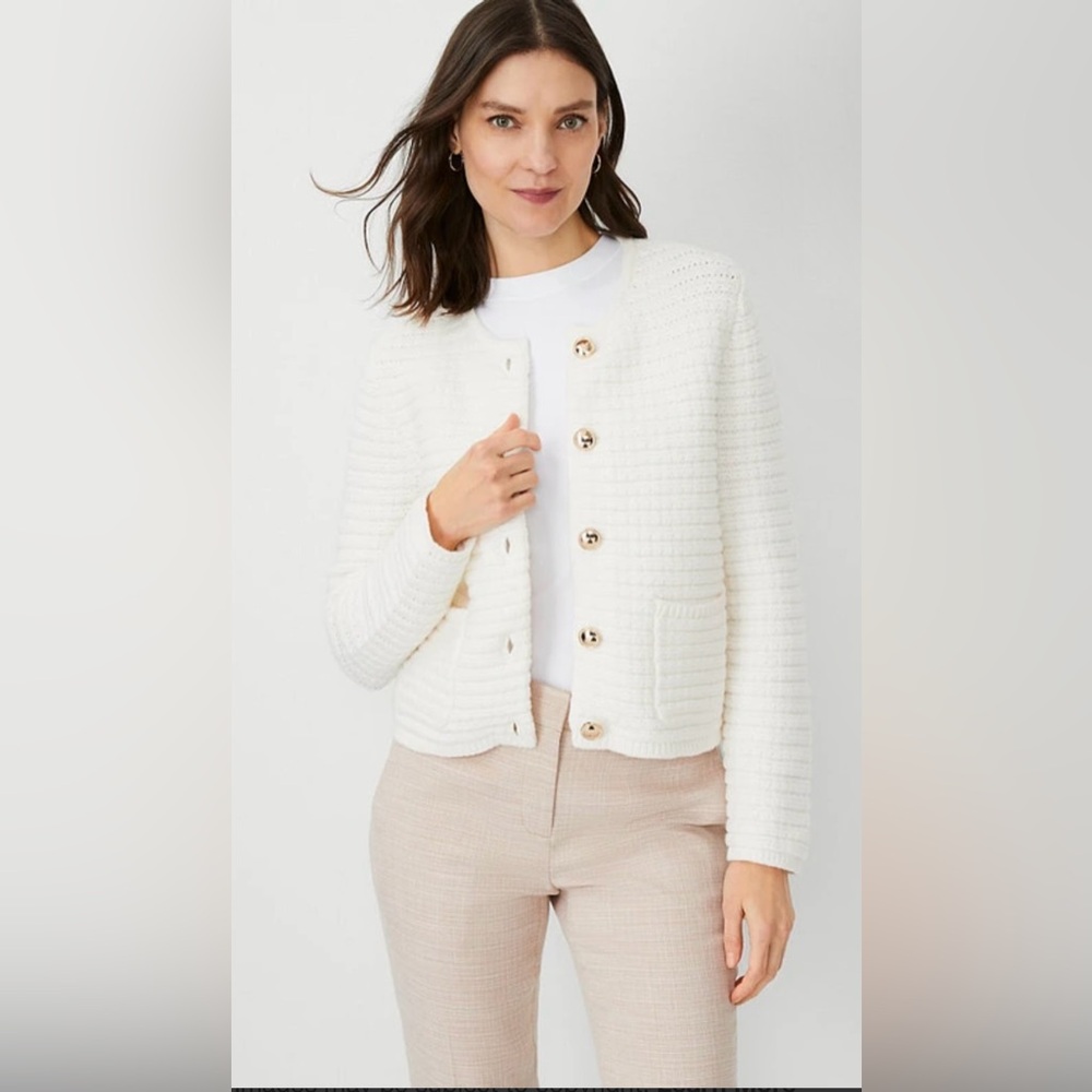 Ann Taylor Sweater Geo Stitch Jacket White XL Thick Textured Beautiful! Career